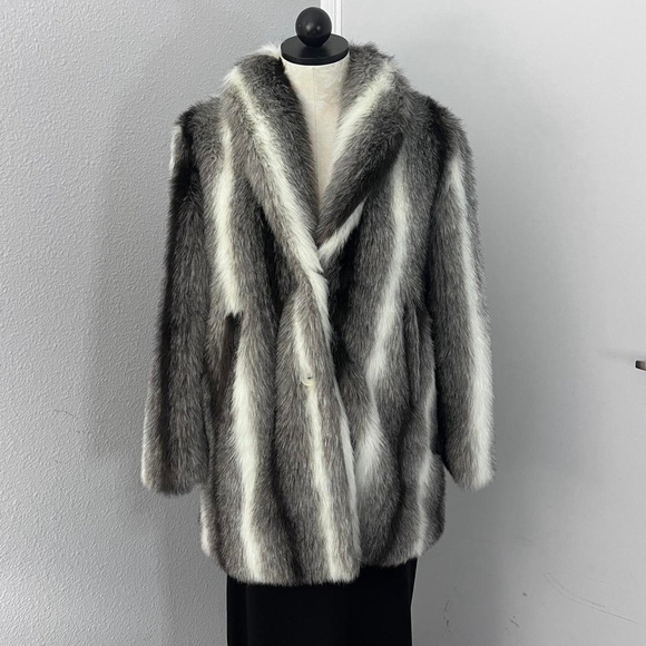 HUD Jackets & Blazers - Vintage 90s Hud Black White & Gray Faux Fur Coat - Size L